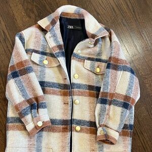 Zara women’s ladies gold button down navy plaid faux wool